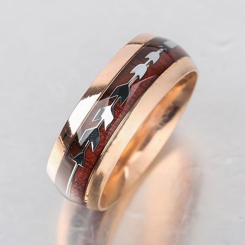 Bague En Forme De Flèche Incrustée De Bois Pour Homme, Anneau En Acier Inoxydable, Or Rose, Bijoux Cadeau D'anniversaire, 8mm