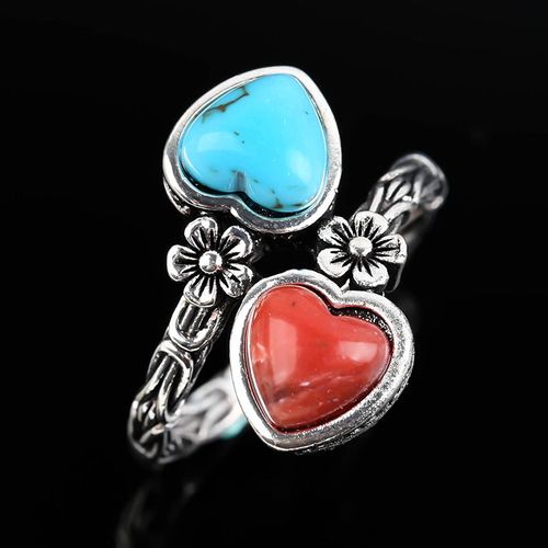 Bague En Pierre Double C¿Ur Pour Femmes Et Hommes, Vintage, Couleur Argent, Motif Floral, Sculpture, Couple, Cadeaux De Fête