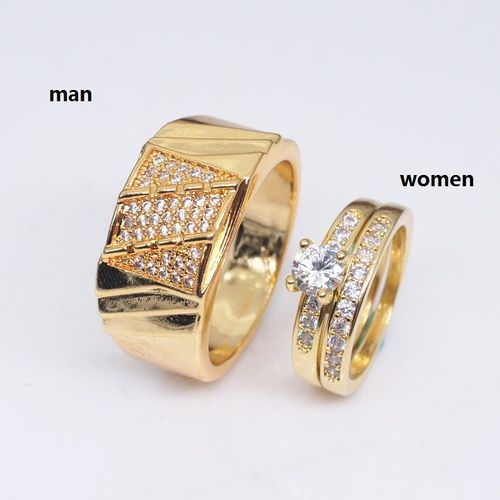 Bague De Fiançailles En Zircone Cubique Pour Hommes Et Femmes, Ensemble De Bagues De Mariage De Couleur Or Jaune