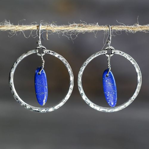Boucles D'oreilles Pendantes En Métal Pour Femmes, Grand Cercle Creux, Style Tribal Indien, Gouttelettes Bleu Marine, Pierre, Bijoux Vintage, Z3d424