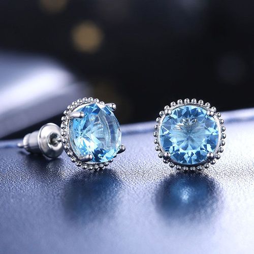 Boucles D'oreilles De Luxe En Cristal Bleu Clair Pour Femmes, Petites Boucles D'oreilles Rondes En Zircon Pour Mariage