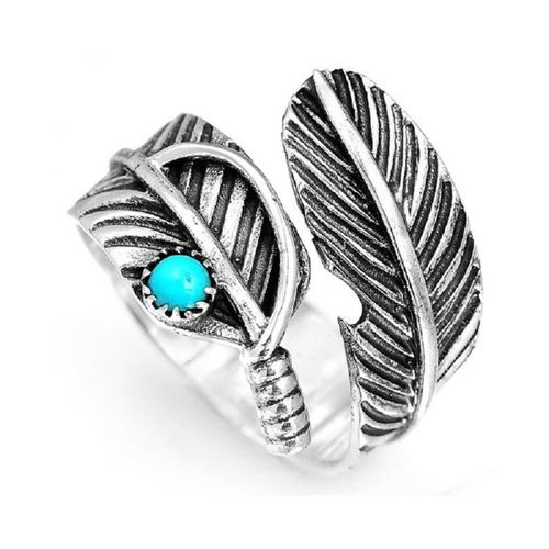 Bague Vintage Boho Pour Femmes, Anneau De Pouce Avec Feuilles De Plumes Sculptées, Perle Ronde Incrustée De Turquoise, Bague Ouverte Pour Les Doigts, Vente En Gros