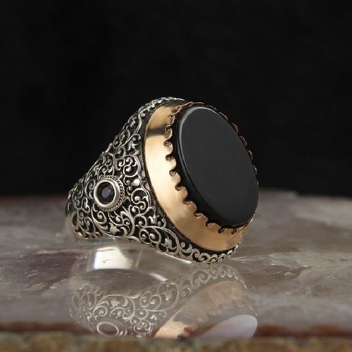 Bague De Mariage Pour Hommes, Bijoux Vintage Turcs Faits À La Main, Pierre Verte Noire Onyx Rétro Couleur Argent, Anneau De Fiançailles Punk Classique