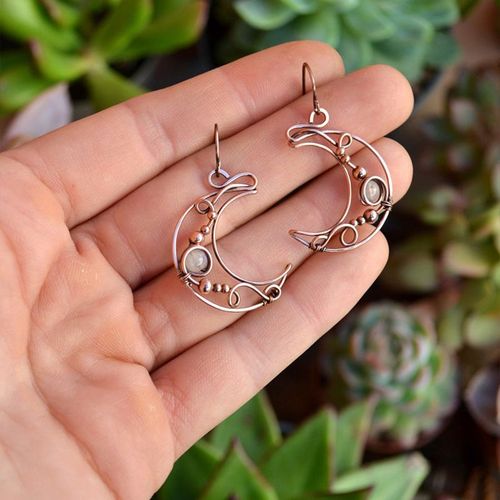 Boucles D'oreilles Bohémiennes En Forme De Lune Ajourée Pour Femmes, Fil De Cuivre, Bronze, Métal, Opale, Perles En Pierre, Crochet Fait À La Main, Bijoux