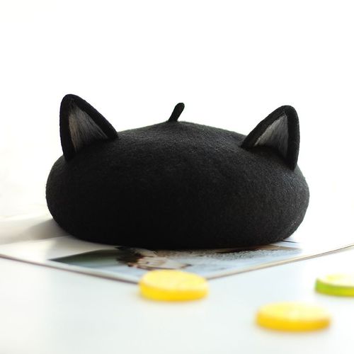 Chapeau Béret De Chat Noir Fait À La Main Pour Femme, Chapeau D'automne En Laine, Casquette De Peintre De Nuage Chaud Et Épais
