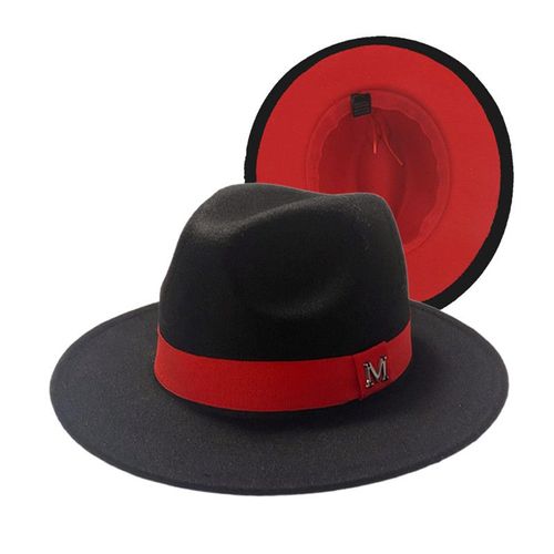 Chapeaux En Feutre De Laine Pour Hommes Et Femmes, À La Mode, Noir Et Rouge, Jazz, Fedora, Avec Boucle De Ceinture Fine, Casquette Trilby Panama À Large Bord, 56-58cm