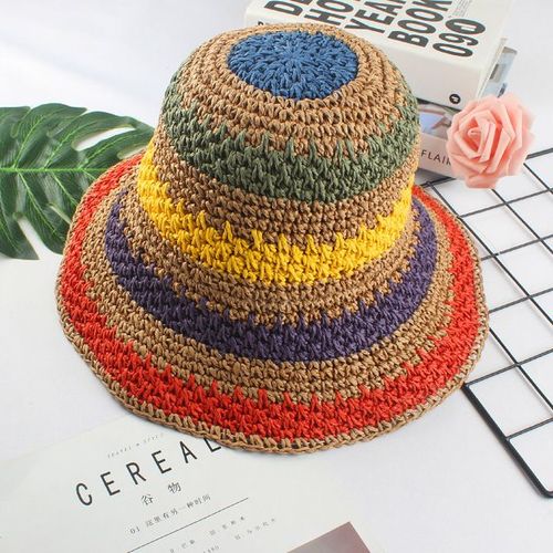 Chapeau De Paille En Crochet Arc-En-Ciel Pour Femmes, Panamas Faits À La Main, Protection Uv, Pare-Soleil De Plage, Visières Pliables D'été