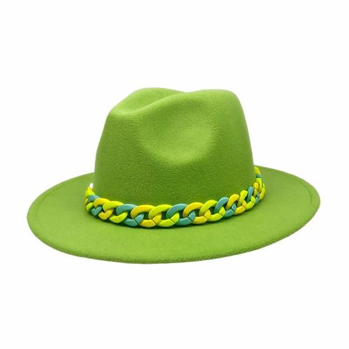 Chapeau À Large Bord En Feutre, Vert, Tendance, Jazz, Avec Boucle De Ceinture, Style Britannique, Décontracté, Panama, Vente En Gros