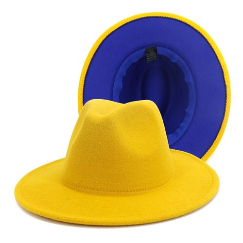 Chapeau En Feutre De Laine Jaune Et Gris, Chapeau De Jazz Fedora À Large Bord, Casquette De Cowboy Trilby Pour Hommes Et Femmes