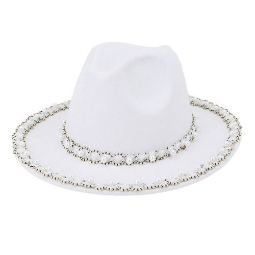 Chapeau Jazz Avec Chaîne En Perles Pour Femmes, Casquette En Feutre Noir À Large Bord, Style Occidental, Vente En Gros, Nouveau Style De Printemps
