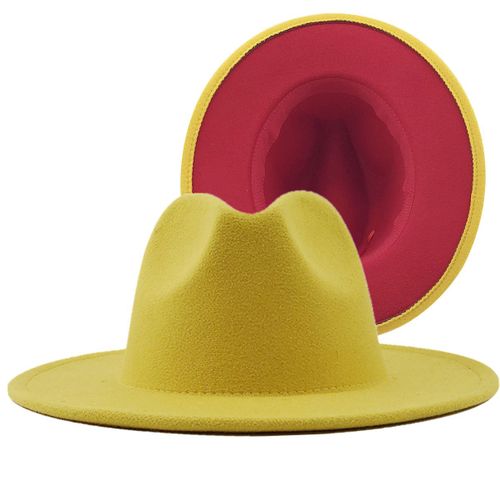 Chapeau Fedora En Laine Bicolore, Vintage, En Feutre, Jaune, Rose, Rouge, À Large Bord, Pour Homme, Élégant, Automne Et Hiver, 58cm
