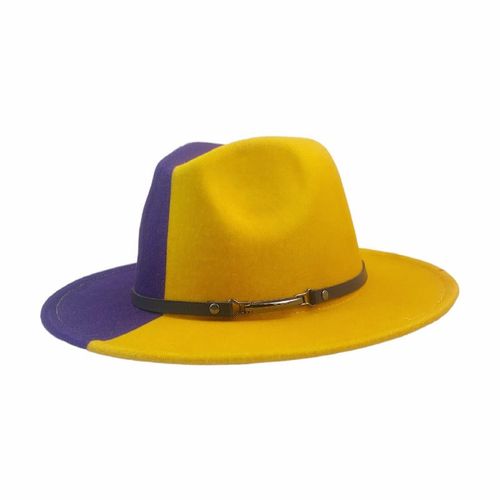 Chapeau Fedora À Large Bord En Laine Pour Femme, Vintage, Patchwork Bicolore, Jaune, Violet, Automne Et Hiver, 58cm, Jazz Ha