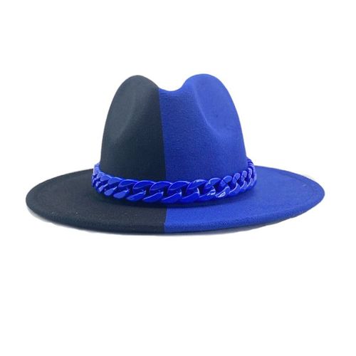 Chapeau En Feutre À Large Bord Pour Femme, À La Mode, Panama, Deux Tons, Bleu, Noir, Patchwork, Casquette De Fête