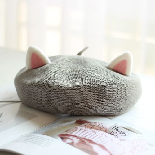 Béret D'été En Coton Respirant Pour Femme, Béret Rose Mignon Avec Oreilles De Chat