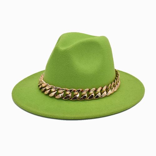 Chapeau Fedora À Large Bord Pour Femmes, Chaîne Dorée, Élégant, Style Rétro Britannique, Jazz, En Laine, Couleur Unie, Panama, Automne Et Hiver
