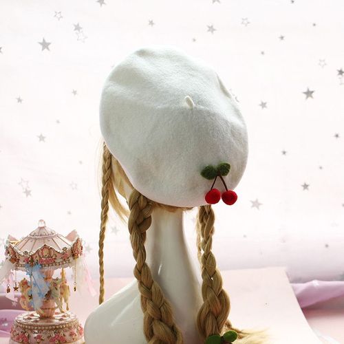 Béret En Laine Pour Femmes, Chapeau Français Confortable Et Mignon, Bonnet Unisexe Pour Filles, Bonnet D'artiste, Dôme De Couleur Unie, Décoré Avec Des Cerises, Nouveau Design 2021