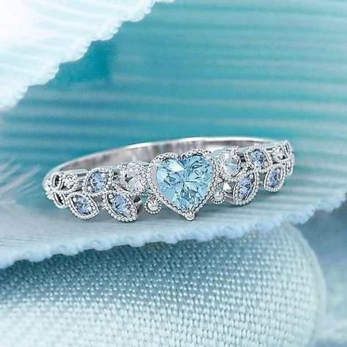 Bagues En Forme De C¿Ur Pour Femmes, Bague De Mariage, De Fiançailles, De Princesse, En Argent, Aigue-Marine, Feuille De Diamant, Cadeau De Noël
