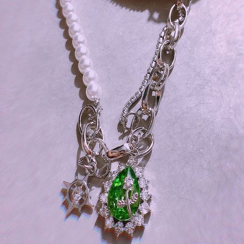 Collier Irrégulier Avec Pendentif En Métal, Perle Verte, Cristal, Brillant, Punk, Cool, Vintage, Ras Du Cou, Bijoux Pour Femmes Et Filles