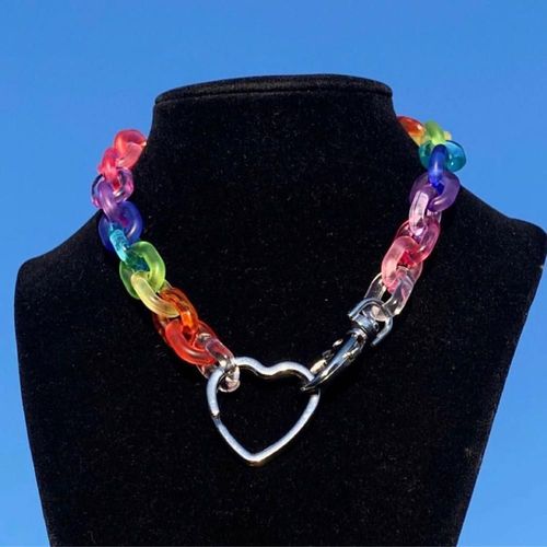 Collier En Métal Avec Pendentif En Forme De C¿Ur Pour Femmes Et Filles, Chaîne Colorée, Style Punk Hip Hop, Transparent, Arc-En-Ciel, Ras Du Cou, Nouveau Bijou Créatif