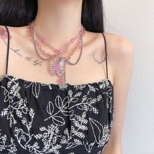 Collier Harajuku En Verre Rose Pour Femmes, Pendentif Papillon, Mignon Et Perlé, Chaîne Avec Insectes, Bijoux Y2k