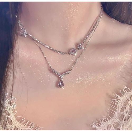 Collier Avec Pendentif En Forme De Goutte D'eau Pour Femmes, Bijoux Harajuku, Double Couche, Rose, C¿Ur D'amour, Strass, Ras Du Cou