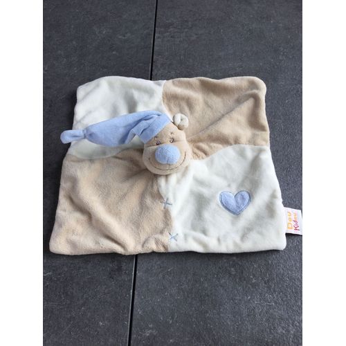 Doudou Dou Kidou Hippopotame Ours Plat Beige Bonnet Bleu Coeur