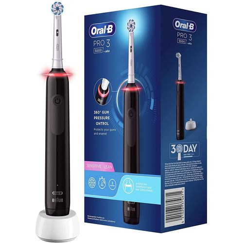 Oral-B Pro 3000 Brosse À Dents Électrique Rechargeable Avec 1 Manche Capteur De Pression Et 1 Brossette Sensitive Clean, Technologie 3d, Élimine JusquÀ 100 % De Plaque Dentaire - Noir