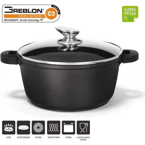 Faitout 24cm 3.7litres Tous Feux+ Induction Passe Au Four Et Au Lave-Vaisselle  Marbre Antiadhesif Avec Couvercle Casserole Mijoteuse Faitout