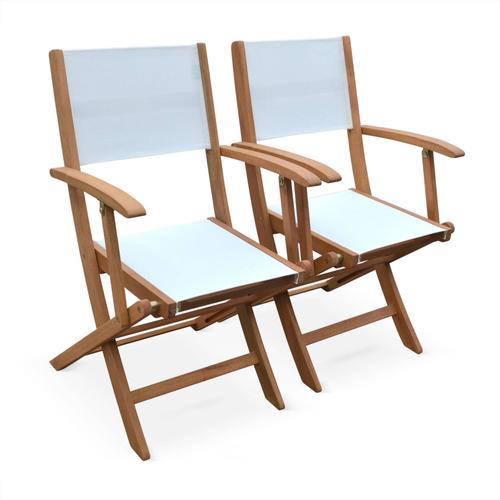 Fauteuils De Jardin En Bois Et Textilène - Almeria Blanc - 2 Fauteuils Pliants En Bois D'eucalyptus