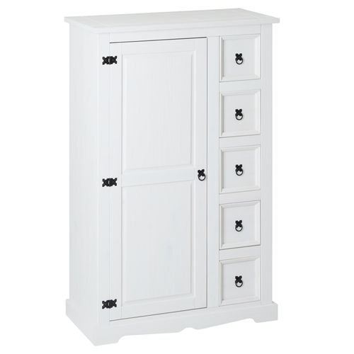 Buffet Chiffonnier Apothicaire Tequila Style Mexicain Avec 1 Portes Et 5 Tiroirs, En Pin Massif Lasuré Blanc