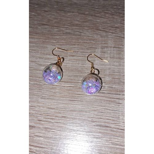 Boucle D Oreilles Boule En Verre Paillettes Violette