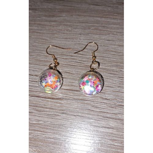 Boucle D Oreilles Boule En Verre Paillettes Multicolore