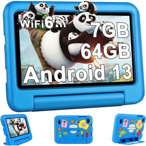 2024 Latest Tablette Enfants 7 Pouces Android 13,7Go+64Go/TF 1To|WiFi 6|Quad-Core| BT 5.0|Contrle Parenta l Kids Apps Pr-install|Dual Cameras|Kids Tablettes avec tui Anti-Chute-Bleu