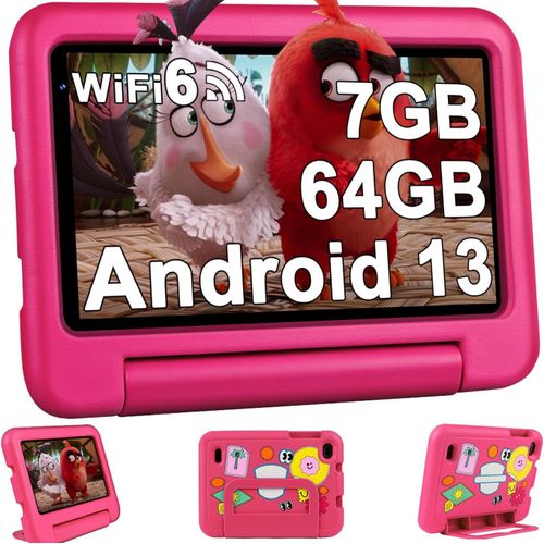 2024 Latest Tablette Enfants 7 Pouces Android 13,7Go+64Go/TF 1To|WiFi 6|Quad-Core| BT 5.0|Contrle Parenta l Kids Apps Pr-install|Dual Cameras|Kids Tablettes avec tui Anti-Chute-Rose
