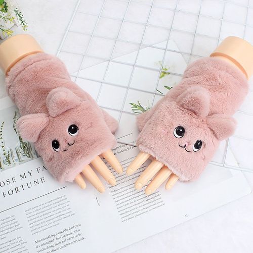Mitaines En Tricot De Fourrure De Lapin Douce Et Chaude Pour Femme, Gants De Conduite À Demi-Doigt En Peluche Épaisse Et Mignonne Pour Écran Tactile De Chat