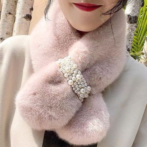 Foulard En Fausse Fourrure De Lapin Pour Femme, Châle Chaud En Peluche, Enveloppe Solide Avec Perles, Épais