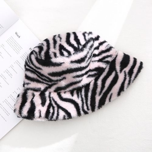 Chapeau Seau En Fausse Fourrure Pour Femme, Casquette Panama Chaude, En Velours, Imprimé Zèbre, Vacances, À Large Bord