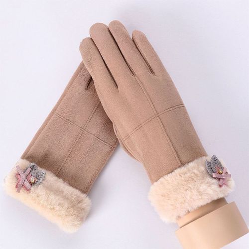 Gants D'hiver En Daim Pour Femmes, Double Couche, Moufles À Fourrure, Coupe-Vent Chaud, À La Mode, Broderie, Pour L'extérieur