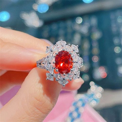 Bague En Argent Sterling 925 Pour Femme, Bijoux Exquis En Cristal Rouge, Zircon, Fleur, Accessoires De Fête D'anniversaire