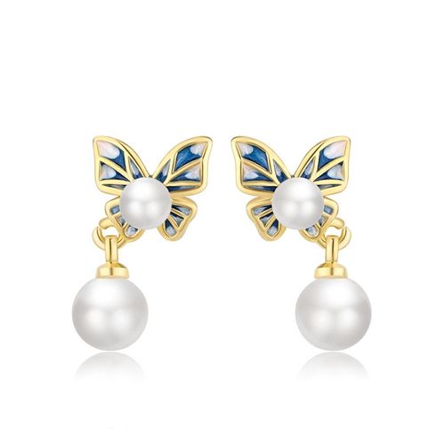 Boucles D'oreilles Papillon Bleu, Argent 925, Bijoux Pour Femmes, Belle Perle, Clou Doré, Mode, Cadeau D'anniversaire Pour Fille