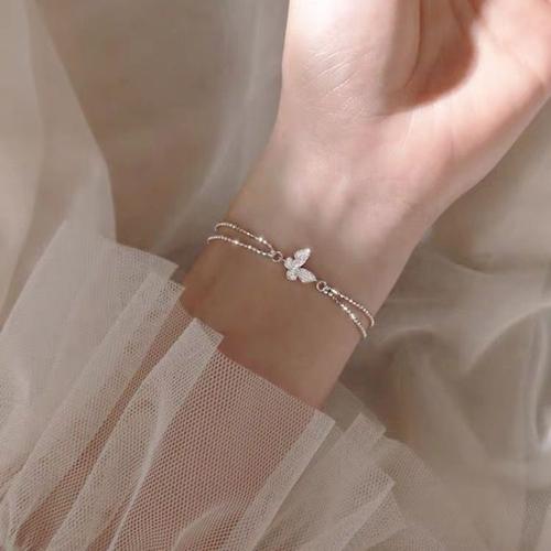 Bracelet Double Couche En Zircon Cubique Pour Femme, Bijoux Scintillants, Couleur Argent, Motif Papillon, Cadeau, S-B401