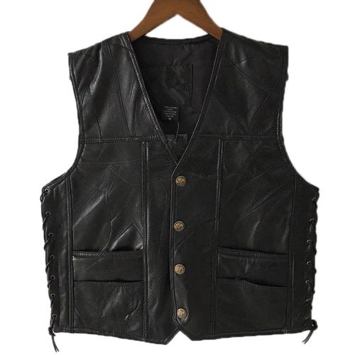 Gilet De Moto En Cuir Noir Pour Homme, Avec Lacets Latéraux Réglables, Gilet De Motard En Peau De Mouton Souple