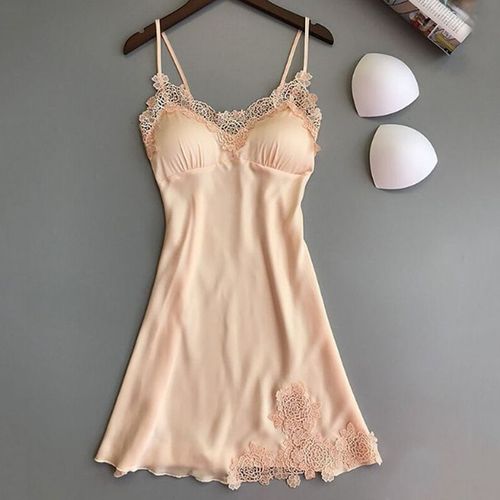 Femmes Chemises De Nuit Satin Dentelle Sexy Lingerie Été Col En V Sans Manches Robe De Nuit Robe De Nuit Poitrine Pad Chemise De Nuit