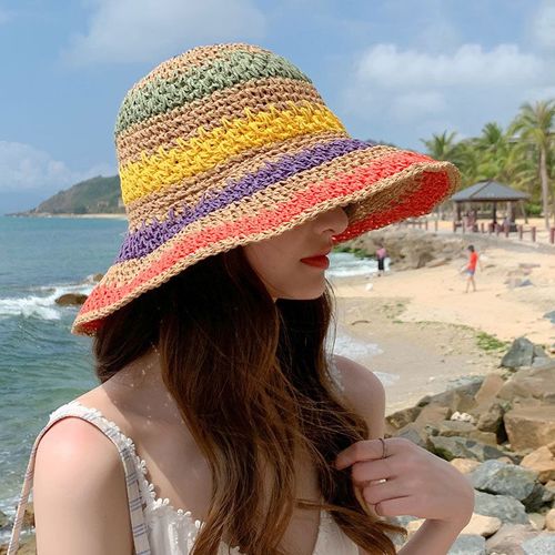 Chapeau De Paille Couleur Arc-En-Ciel Pour Femmes, 1 Pièce, Protection Uv, Visière Solaire, Casquette De Plage Pour Filles, Crochet