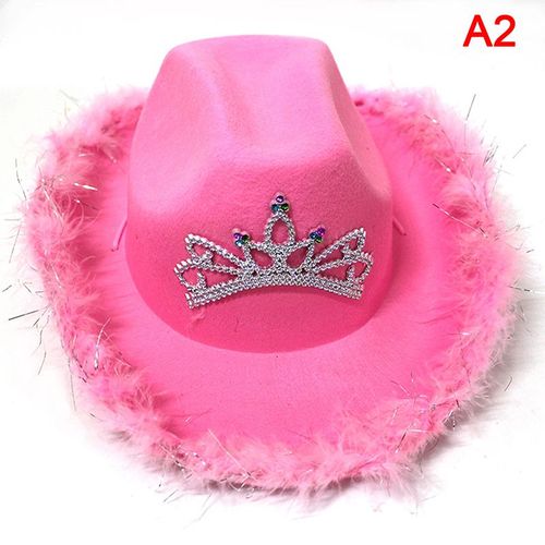 Chapeau De Cow-Boy Rose Avec Diadème Pour Fille Et Femme, Accessoire De Style Western Occidental Avec Bords Roulés, Plume, Sequins Et Paillettes, Couvre-Chef Pour Fête Cowgirl