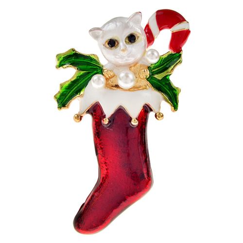 Broche Chat En Émail, Cache-C¿Ur, Chaussette De Noël, Animal, Broche, Perle, Mode, Bijoux, Accessoires De Festival