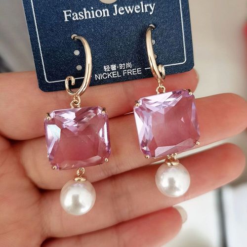 Grandes Boucles D'oreilles Carrées Transparentes En Cristal Orange Pour Femmes, Bijoux De Mariée, Avec Pendentif En Perle D'été