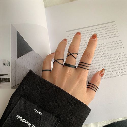 Ensemble De 6 Bagues Géométriques Pour Femmes, Bijoux Féminins Simples, Couleur Or Noir, Creux, Mode, Joint Torsadé Croisé, Original