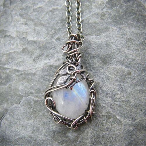 Colliers Et Pendentifs Vintage Couleur Argent En Pierre De Lune, Fil Enroulé, Breloque Florale, Cadeau De Bijoux