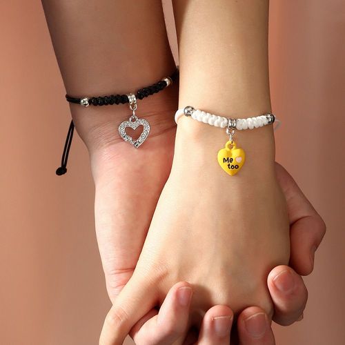 Bracelet Tressé En Corde Noir/Blanc Fait À La Main, Une Paire De Bracelets À Breloques Pour Amoureux D'amitié, Couple, Pour Hommes Et Femmes
